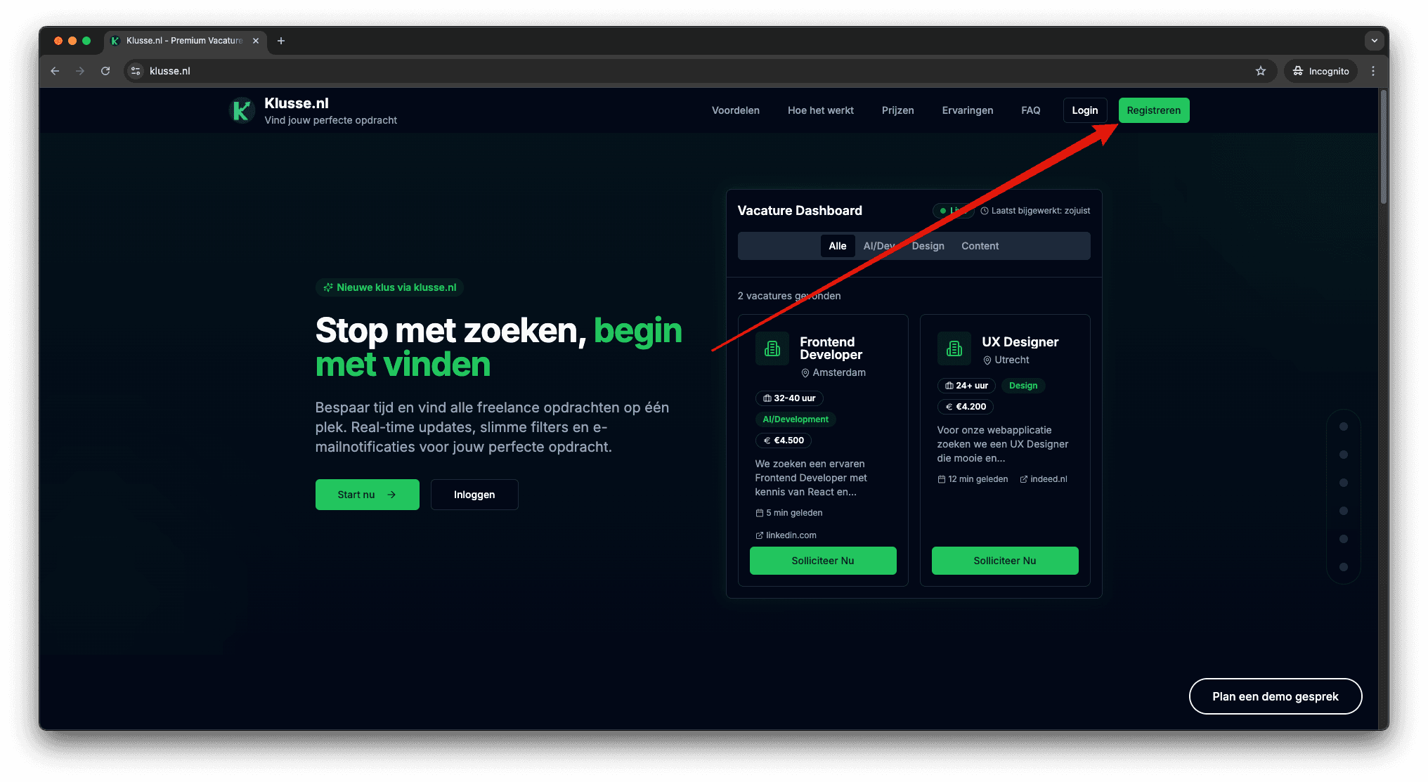 Klusse.nl homepage met registratie knop